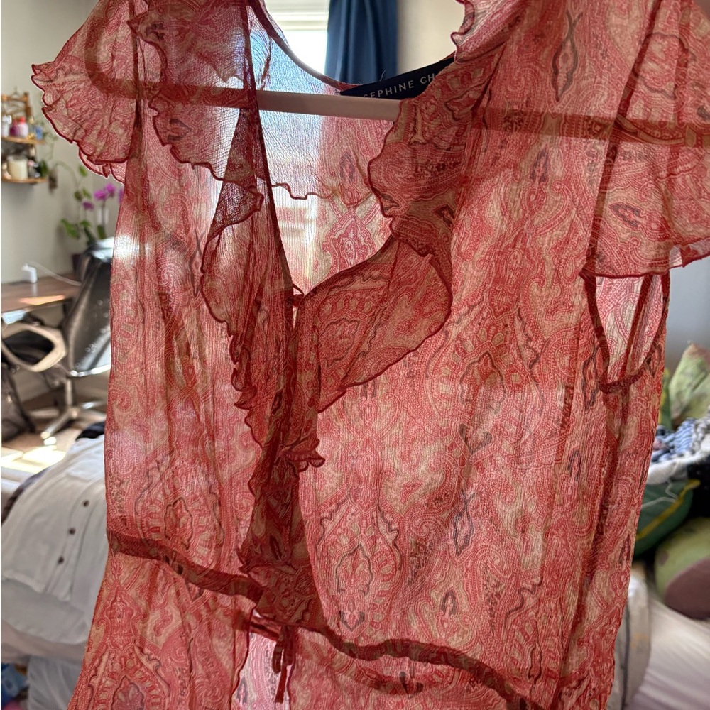 Josephine Chaus Sheer Red Paisley Ruffle Blouse